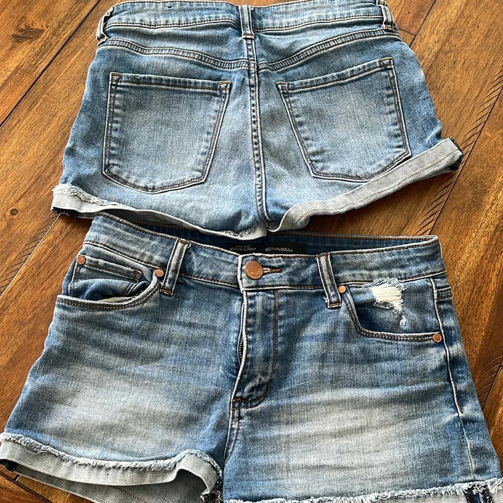 See Thru Soul 2 blue denim jean high rise boyfriend shorts sz 26 distressed raw